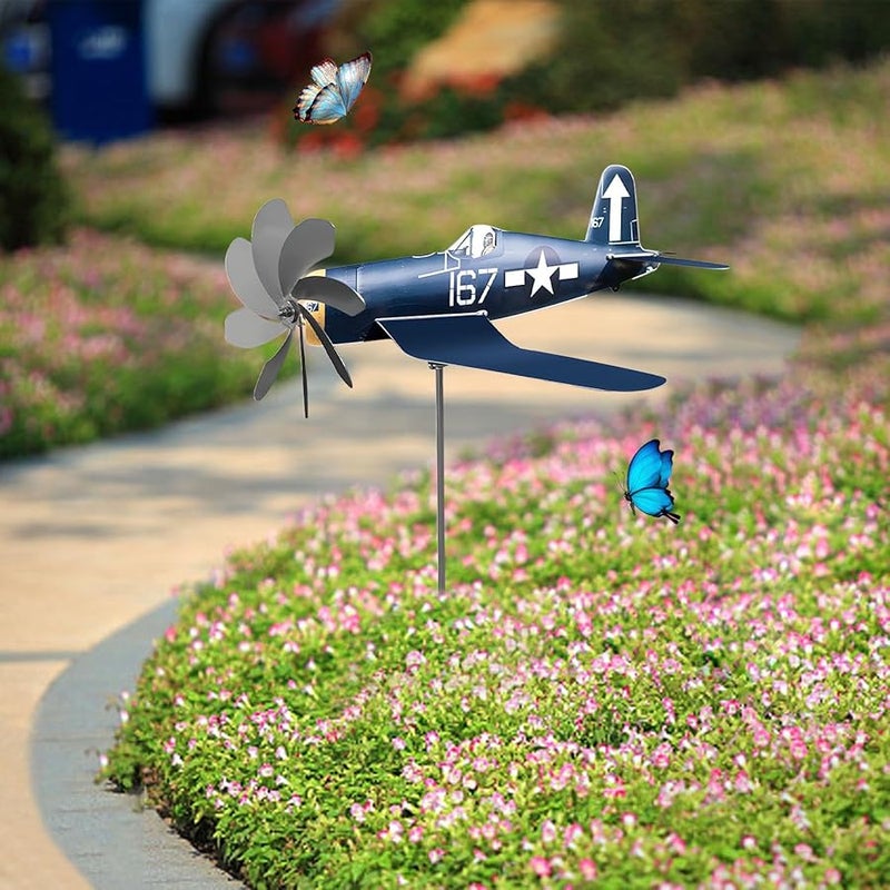 طائرة معدنية زرقاء دوارة للرياح من الفولاذ المقاوم للصدأ، منحوتة حديقة خارجية لتزيين الساحات - Image 3